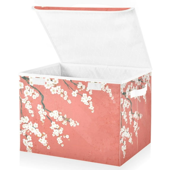 Foldable Fabric Storage Bin With Handle Collapsible Basket Box Storage With Lid Organizer White Cherry Blossoms