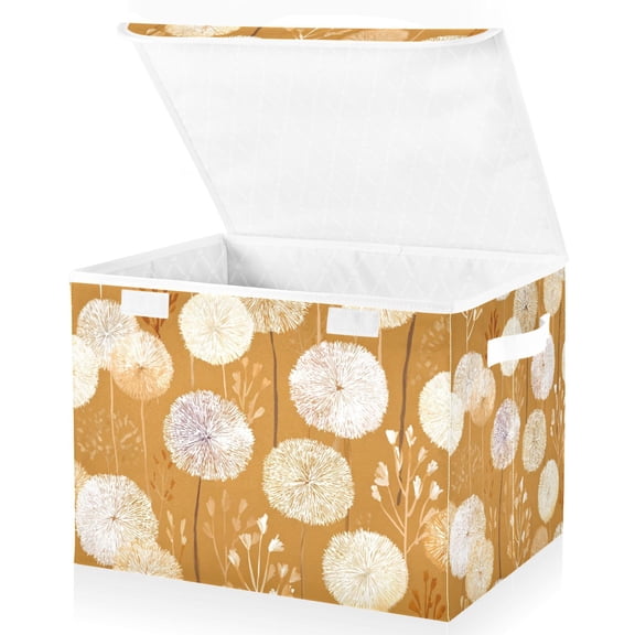 Foldable Fabric Storage Bin With Handle Collapsible Basket Box Storage With Lid Organizer White Dandelions