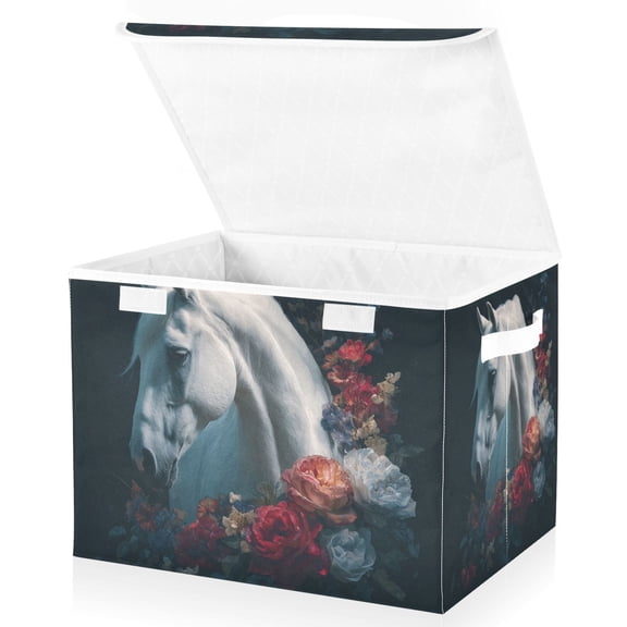 Foldable Fabric Storage Bin With Handle Collapsible Basket Box Storage With Lid Organizer White Horse