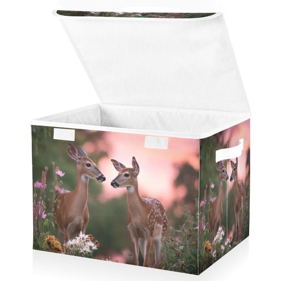 Foldable Fabric Storage Bin With Handle Collapsible Basket Box Storage With Lid Organizer White-tailed Deer