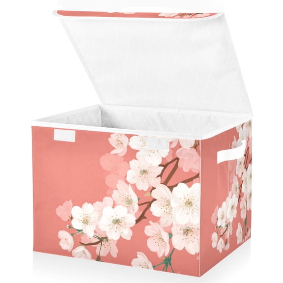 Foldable Fabric Storage Bin With Handle Collapsible Basket Box Storage With Lid Organizer Woodblock Print