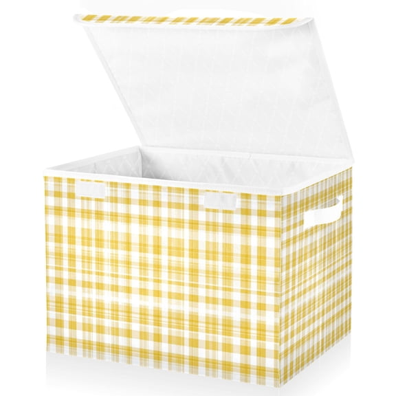Foldable Fabric Storage Bin With Handle Collapsible Basket Box Storage With Lid Organizer Yellow Gingham Pattern