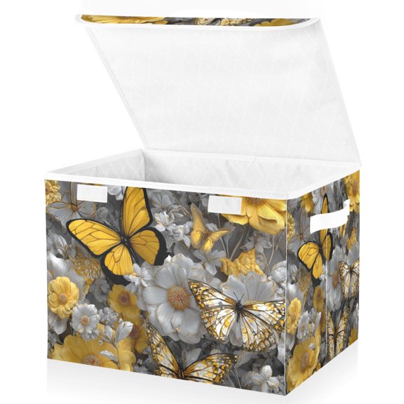 Foldable Fabric Storage Bin With Handle Collapsible Basket Box Storage With Lid Organizer Yellow Silver Butterflies