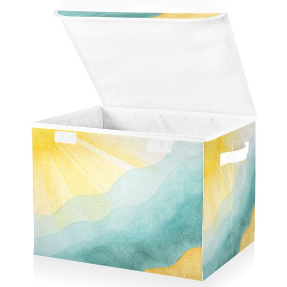 Foldable Fabric Storage Bin With Handle Collapsible Basket Box Storage With Lid Organizer Yellow & Teal Beach Background