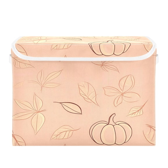 Foldable Fabric Storage Bin With Handle Lid Collapsible Box Basket For Home Organize Fall Leaves and Pumpkins