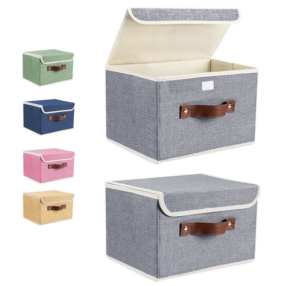 ANMINY Foldable Fabric Storage Bin with Handle Lid Large Collapsible Box Basket for Home Organizer, 2 Packs, Gray