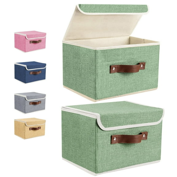 ANMINY Foldable Fabric Storage Bin With Handle Lid Large Collapsible Box Basket For Home Organizer, 2 Packs, Green