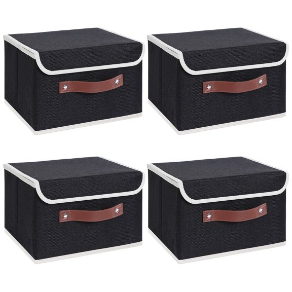 ANMINY Foldable Fabric Storage Bin With Handle Lid Large Collapsible Box Basket For Home Organizer, 4 Packs, Black