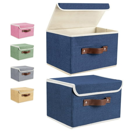 ANMINY Foldable Fabric Storage Bin With Handle Lid Large Collapsible Box Basket For Home Organizer, 4 Packs, Blue