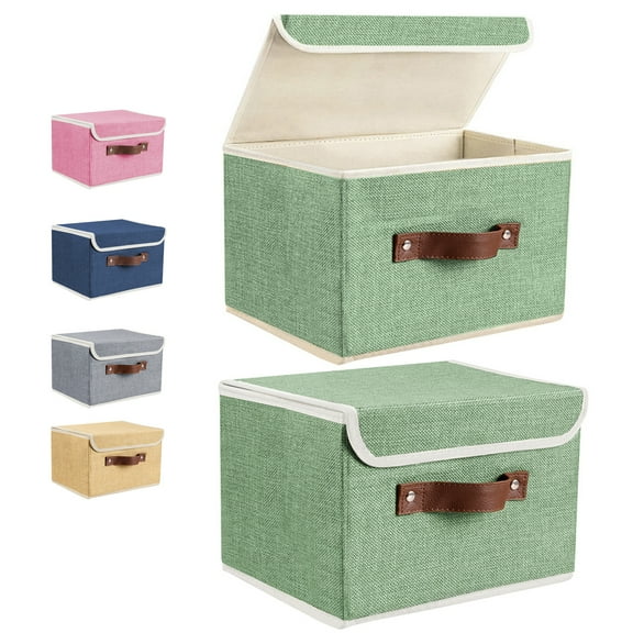 ANMINY Foldable Fabric Storage Bin With Handle Lid Large Collapsible Box Basket For Home Organizer, 4 Packs, Green