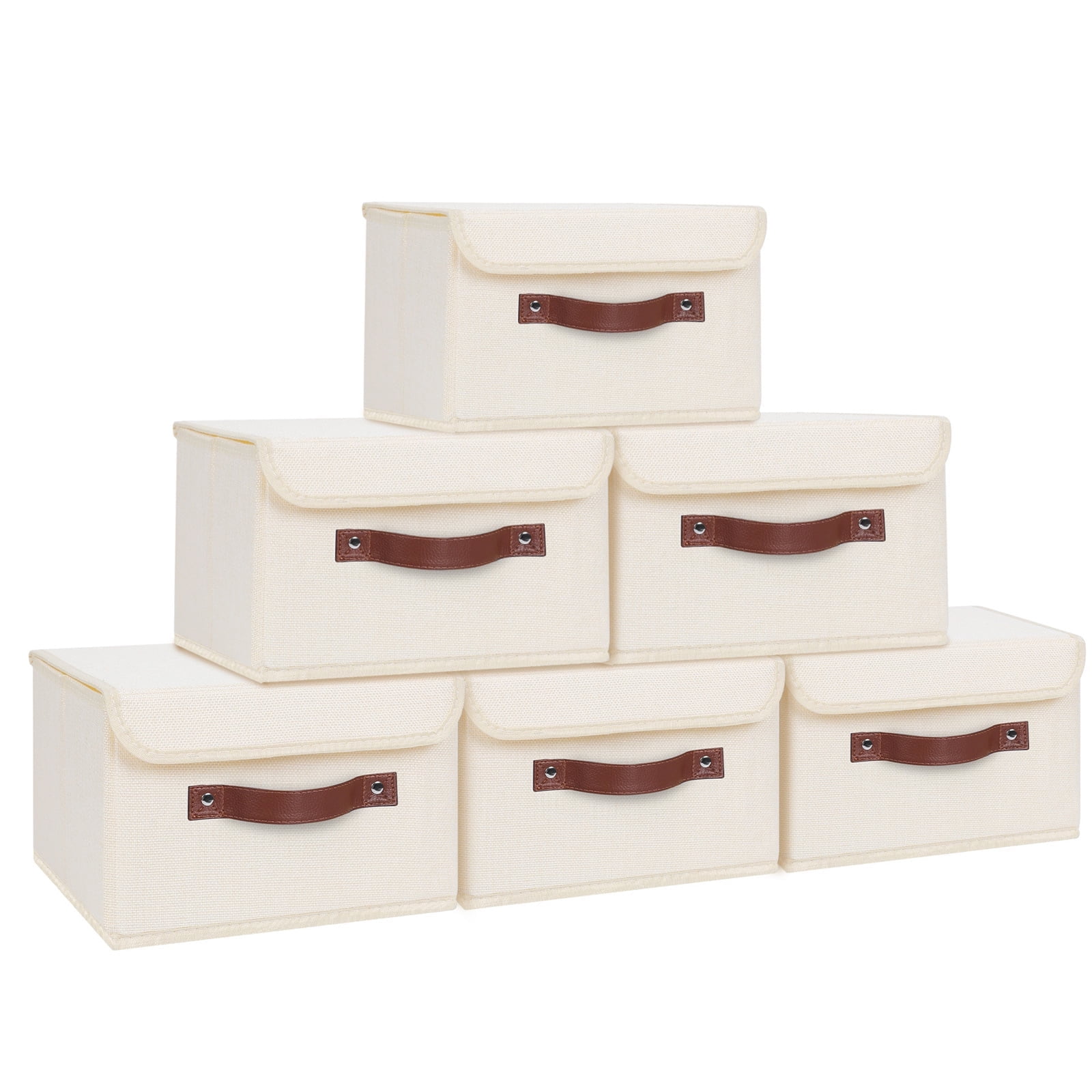ANMINY Foldable Fabric Storage Bin With Handle Lid Large Collapsible Box Basket For Home Organizer, 6 Packs, Beige