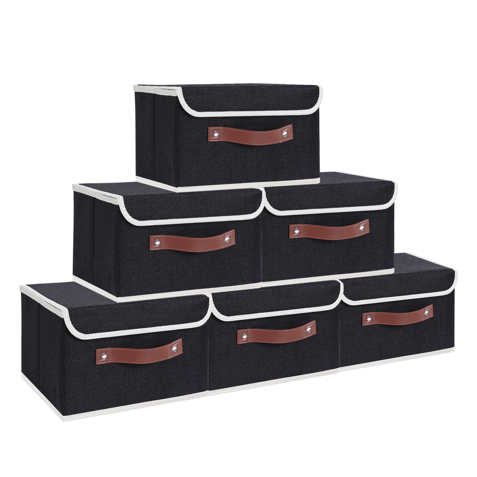 ANMINY Foldable Fabric Storage Bin With Handle Lid Large Collapsible Box Basket For Home Organizer, 6 Packs, Black