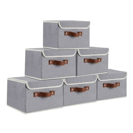 ANMINY Foldable Fabric Storage Bin With Handle Lid Large Collapsible Box Basket For Home Organizer, 6 Packs, Gray