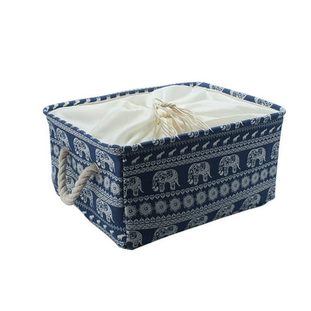 Unique Bargains Foldable Fabric Storage Bins Basket Container with Handles Drawstring Blue Elephant-S