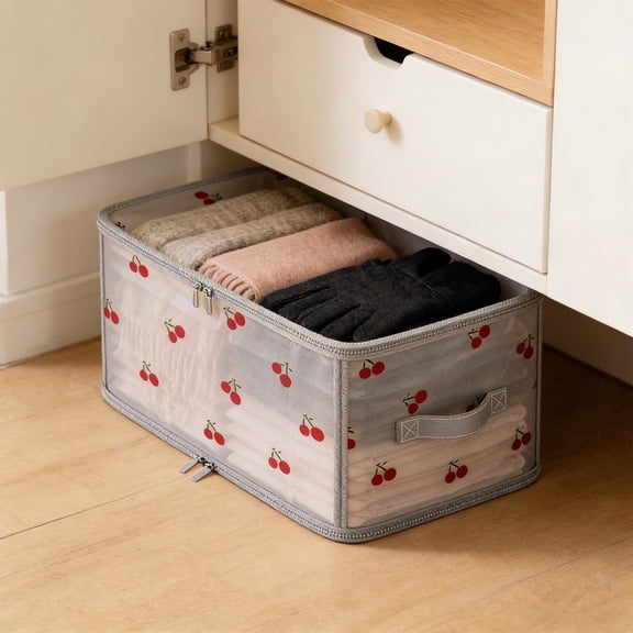 Foldable Fabric Storage Bins with Lids for Closet Organization - Clothes Organizer Box for Sweaters, Blankets, Pants | Cherry Print, Multi-Size, Stackable (White)