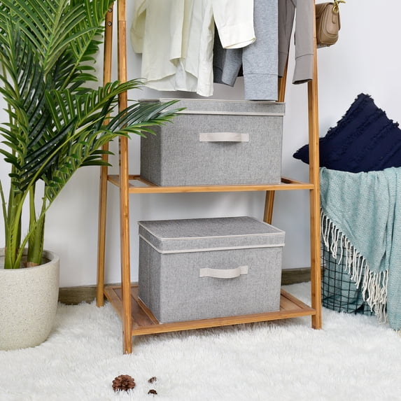 Foldable Fabric Storage Bins with Lids, Gray Storage Boxes for Closet, 2-Pack, 15.7" x 10.2" x 9.8"