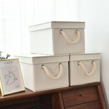 Foldable Fabric Storage Bins with Lids & Handles, Collapsible Storage Boxes for Closet&Shelf, 3-Pack, Large, Ivory, 10.8''x15.2''x8.6''