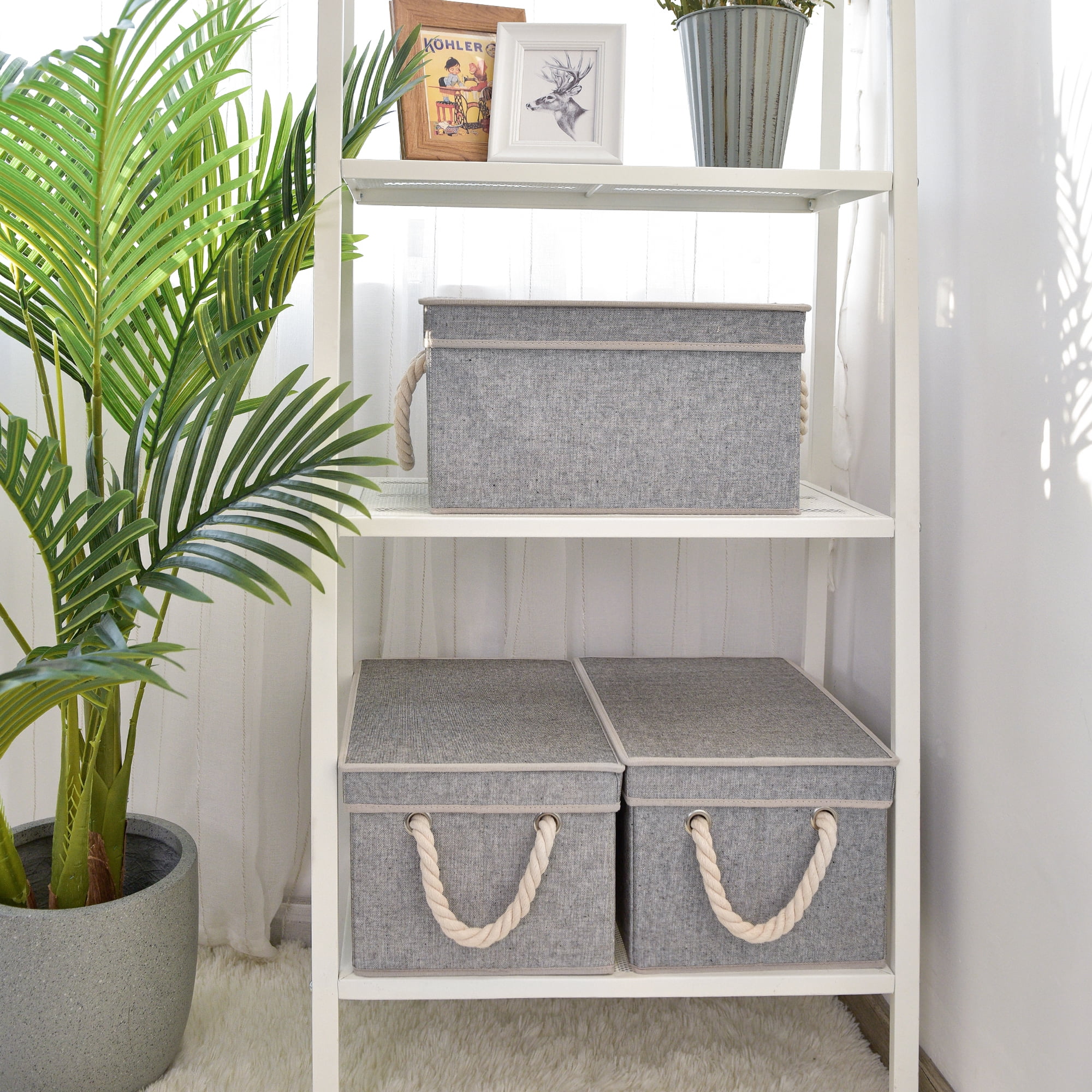 Foldable Fabric Storage Bins with Lids & Handles, Collapsible Storage Boxes for Closet & Shelf, 3-Pack, Large, Slate, 10.8''x15.2''x8.6''