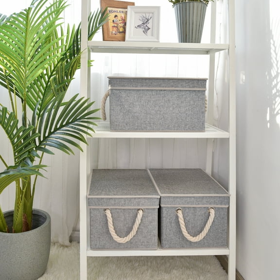 Foldable Fabric Storage Bins with Lids & Handles, Collapsible Storage Boxes for Closet & Shelf, 3-Pack, Large, Slate, 10.8''x15.2''x8.6''