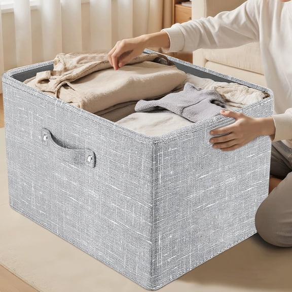 Foldable Fabric Storage Box, Curved Cover Cotton and Linen Organizer with Handles, Large Capacity Storage Bin for Clothes Toys Blankets and Home Closet Organization
