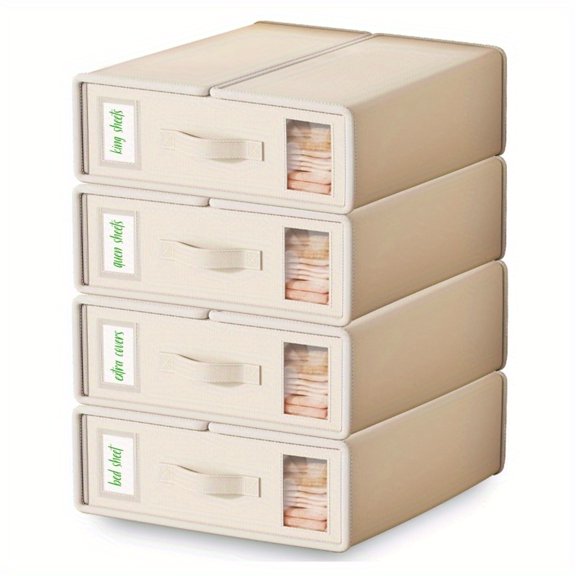 Foldable Fabric Storage Boxes with Clear Window for Bedding and Linens, Space-Saving Organizer for Sheets, Duvet Covers, and Blankets in Neutral Tones