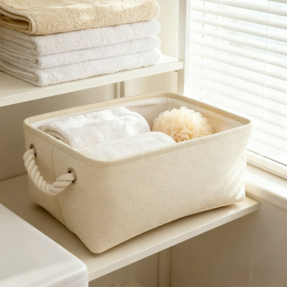 Foldable Fabric Storage Boxes With Handles - Home Desktop Clutter Organizing Baskets Solid Color Decorative Storage Bags Functional Organizers for Living Room Bedroom, Beige, 1pc