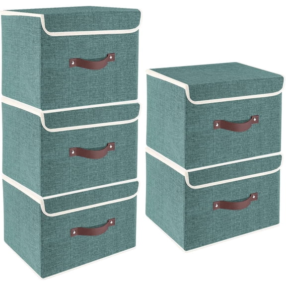 Foldable Fabric Storage Boxes with Lids 5 Pack 14.9 x 9.8 x 9.8 Inches Aqua Deep