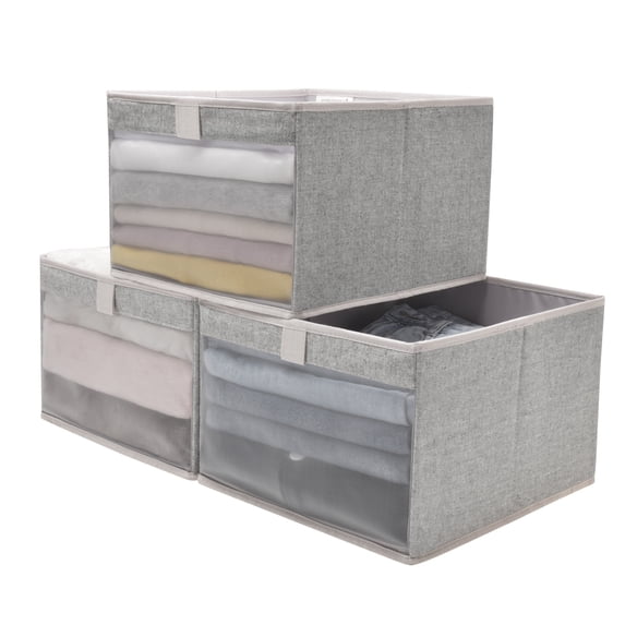 Foldable Fabric Storage Boxes with Transparent Window, Decorative Storage Boxes, 3-Pack, Gray, Large, 12.4"x11.6"x8.1"