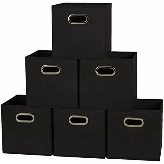 Foldable Fabric Storage Cubes 6-Pack – 11x11x11 Stackable Non-Woven Bins with Chipboard Sides & Grommet Handles – Closet, Shelf, Nursery, or Office Organizer – Black