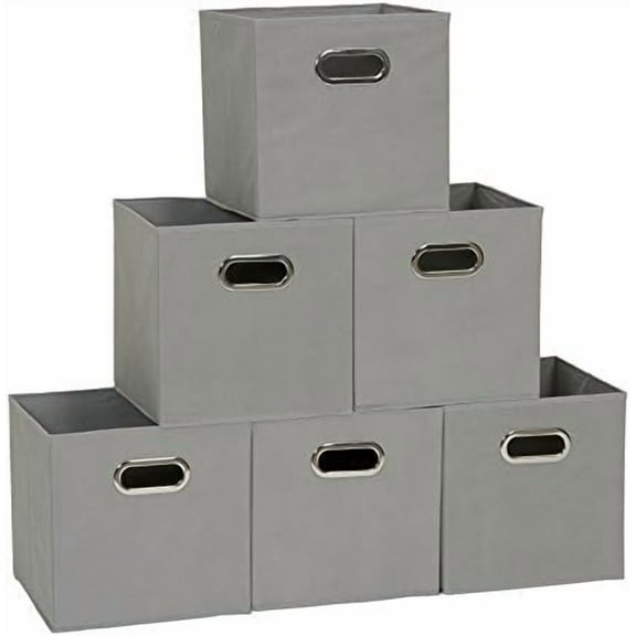Foldable Fabric Storage Cubes 6-Pack – 11x11x11 Stackable Non-Woven Bins with Chipboard Sides & Grommet Handles – Closet, Shelf, Nursery, or Office Organizer – Dove Gray