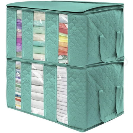 Foldable Fabric Storage Organizer Bag 3 Sectional 24x14x11in (Pack of 2, Teal)
