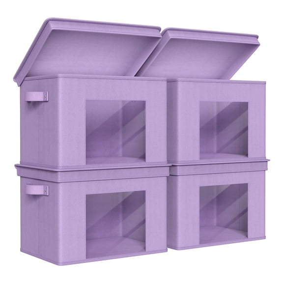 Foldable Fabric Storboxes Large Bwith Lids [4-pack] Collapsible Cubes Organizer Containers Organization Baskets For Home Bedroom Closet (purple 17" X 12" 12")
