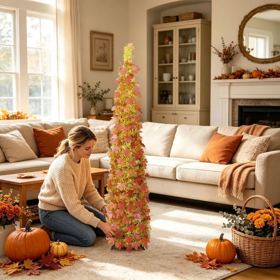 Foldable Fall Tinsel Tree, Orange Maple Leaf Artificial Pencil Tree, 1.5M Thanksgiving Holiday Decoration with Metal Stand for Indoor Home Display