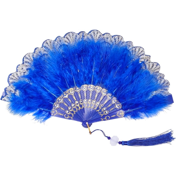 Foldable Feather Fan Embroidered Flower Handheld Chinese Folding Fans 1920s Feather Fan Flapper Hand Fan for Costume Party Wedding Dancing Decoration (Blue)
