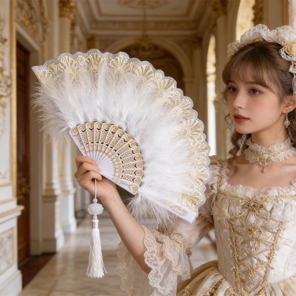 Foldable Feather Fan,Embroidered Flower Handheld Chinese Folding Fans,1920s Feather Fan Flapper Hand Fan for Women Costume Party Wedding Dancing Decoration