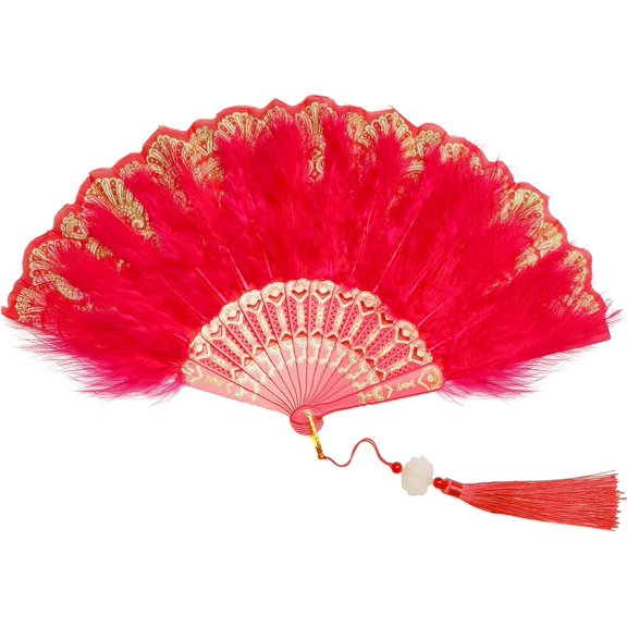 Foldable Feather Fan Embroidered Flower Handheld Chinese Folding Fans 1920s Feather Fan Flapper Hand Fan for Costume Party Wedding Dancing Decoration