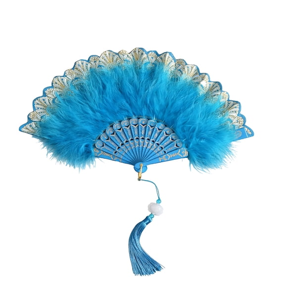 Foldable Feather Fan Embroidered Flower Handheld,Chinese Folding Fans ,Feather Fan,Flapper Hand Fan for Costume Dancing Show Tea Party Wedding Decoration(Blue)