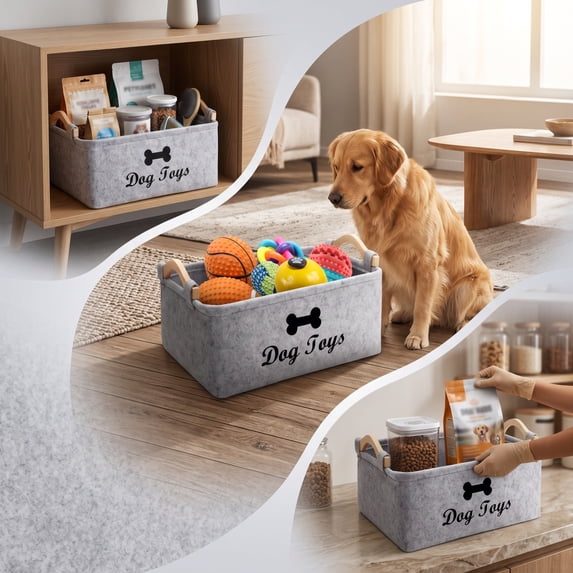 Foldable Felt Storage Basket, 15 x 10 x 7 Inch Rectangle with Wooden ...