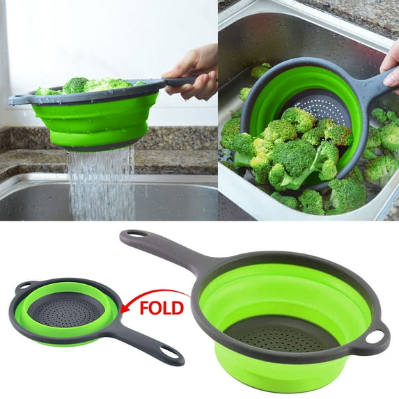 Foldable Filter Basket with Handle - Large 6 Quart Fruit Vegetable Washing Basket - Sturdy BPA Free Kitchen Strainer for Sink Counter Table Use - Eco Friendly Rubber Plastic Dish Pan Colander