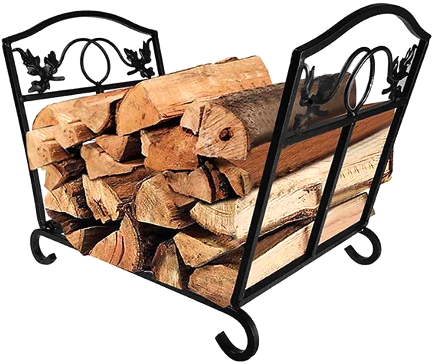 Black Steel Foldable Firewood Log Rack with Leaf Design
