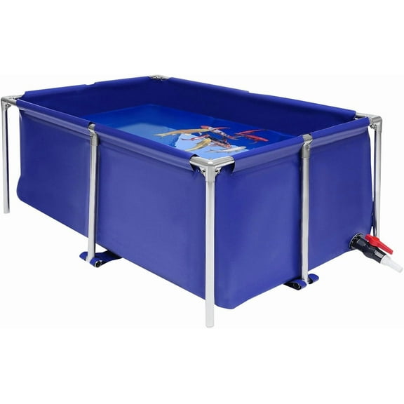 Foldable Fish Aquarium Tank, Canvas Blue Cuboid Small Above Ground Pond With Drain Valve, Portable Koi Breeding Pool, Indoor Outdoor Goldfish Tank, Turtle Ornamental Pool