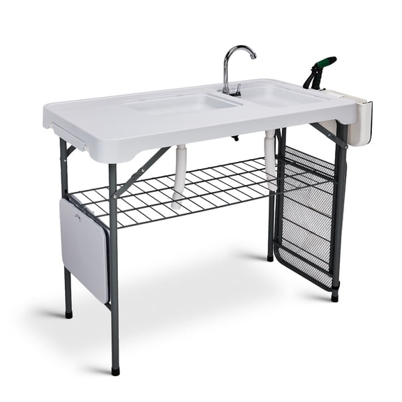 Foldable Fish Cleaning Table, HDPE Tabletop Steel Frame Dual Sink Outdoor Workstation, Multipurpose Table with 360 Faucet for Campsite Backyard Lake Picnic Meal Prep
