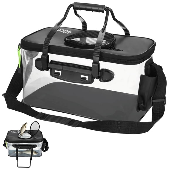 Foldable Fishing Bucket, Collapsible Transparent EVA Fish Storage Bag, Live Fish Container with Aeration Hole & Shoulder Strap, Live Bait Bucket for Fishing, Camping