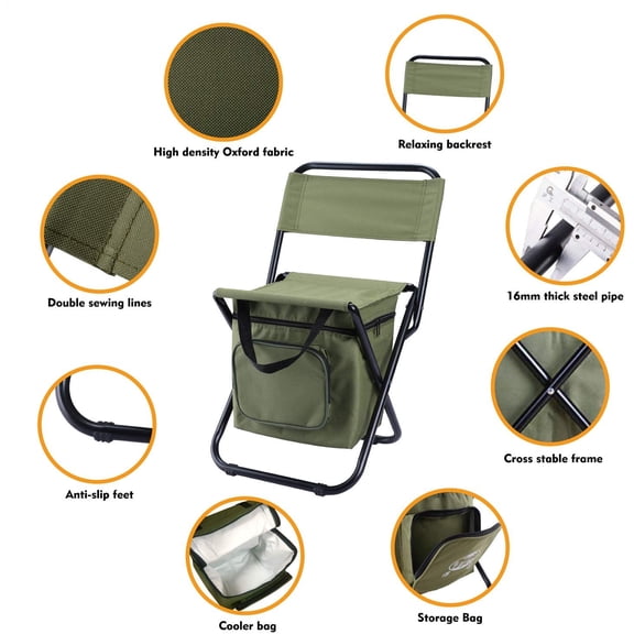 Foldable Fishing Chair with Built-In Cooler Bag, Lightweight Portable Camping Stool, Ideal for Beach, Hiking, Travel & Outdoor Adventures