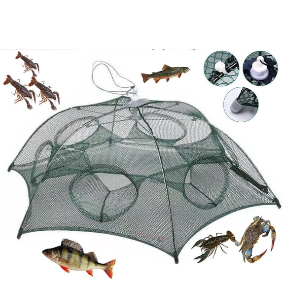 Foldable Fishing Trap Net with 6 Entries, Portable Crab Shrimp Minnow Crawfish Catcher, Easy Setup & Carry, Zipper Design