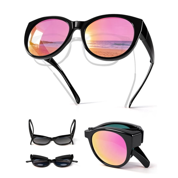 Foldable Fit-Over Sunglasses Women Polarized UV400 Cat Eye, Wear Over Prescription Glasses Up to 13.5×5cm, Face Slimming Retro Style, Beach Golf Fishing Outdoor, Pouch & Strap Included