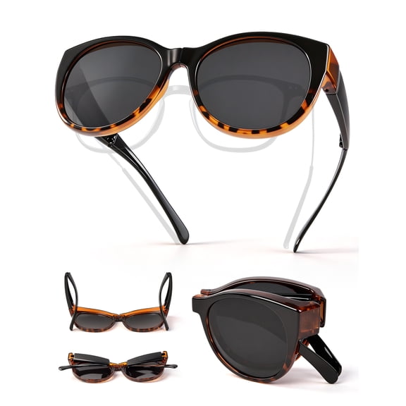 Foldable Fit-Over Sunglasses Women Polarized UV400 Cat Eye, Wear Over Prescription Glasses Up to 13.5×5cm, Face Slimming Retro Style, Beach Golf Fishing Outdoor, Pouch & Strap Included