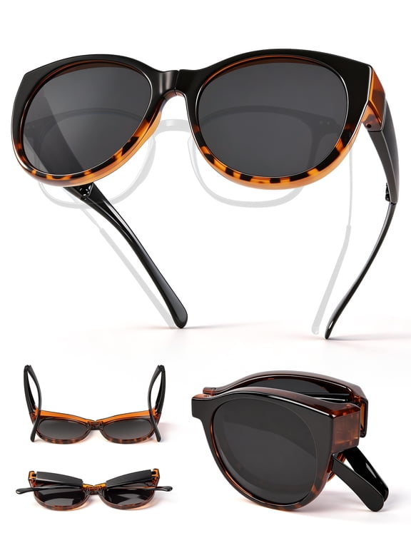Foldable Fit-Over Sunglasses Women Polarized UV400 Cat Eye, Wear Over Prescription Glasses Up to 13.5×5cm, Face Slimming Retro Style, Beach Golf Fishing Outdoor, Pouch & Strap Included