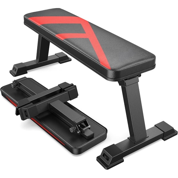 Foldable Flat Weight Bench for Home Gym, 600/1000 lbs Capacity with Dual Locking for Strength Training, Easy Setup & Storage for Small Apartments, Lifting, Hip Thrust, Dumbbell Workout
