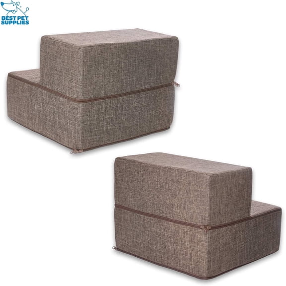 Foldable Foam Pet Steps for Small Dogs and Cats, Portable Ramp Stairs for Couch, Sofa, and High Bed Climbing, Non-Slip Balanced Indoor Step Support, Paw Safe - Brown Linen, 2-Step